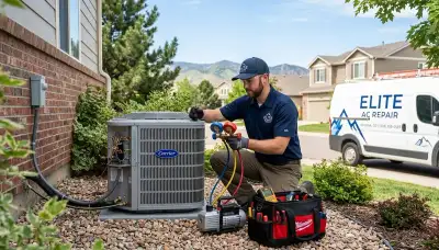 Professional AC repair technician servicing air conditioner unit in Denver CO home