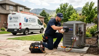 HVAC technician performing AC repair service at a Denver CO home for acrepairdenverco.com