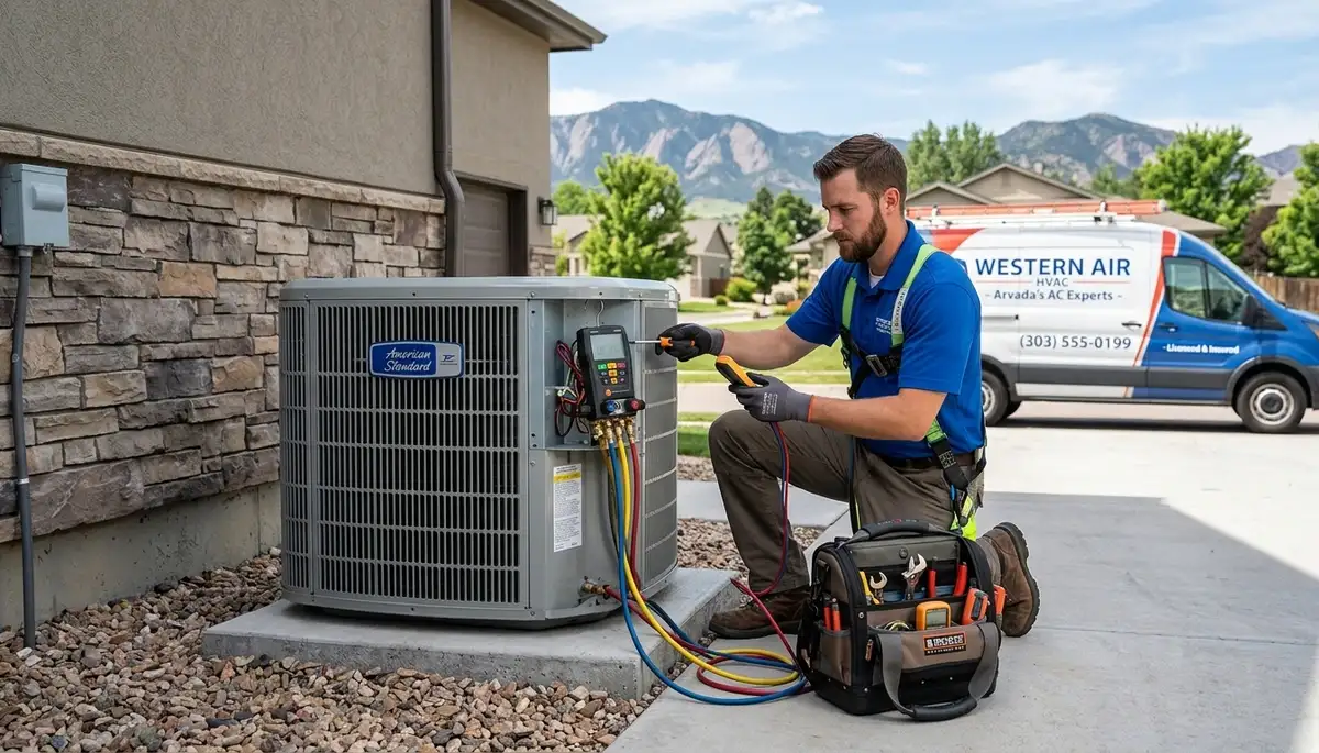 Professional AC repair technician servicing air conditioner in Denver CO home