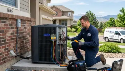 Professional AC repair technician servicing air conditioner unit in Denver, CO