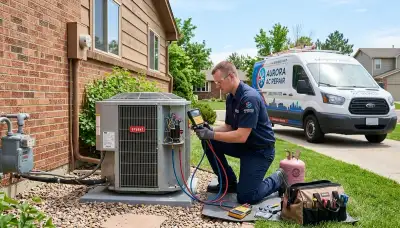 Professional AC repair technician servicing air conditioner unit in Denver, CO