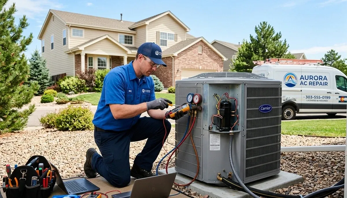 Professional AC repair technician servicing air conditioner in Denver CO home
