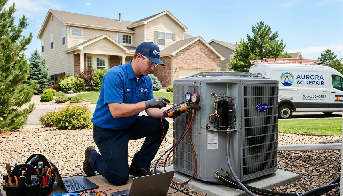 Professional AC repair technician servicing air conditioner in Denver CO home