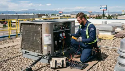 Professional AC repair technician servicing air conditioner in Denver, CO home
