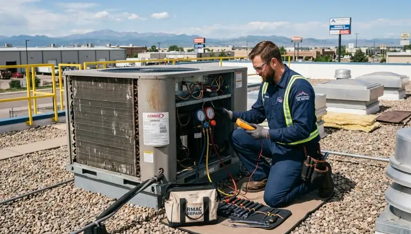 Professional AC repair technician servicing air conditioner in Denver, CO home