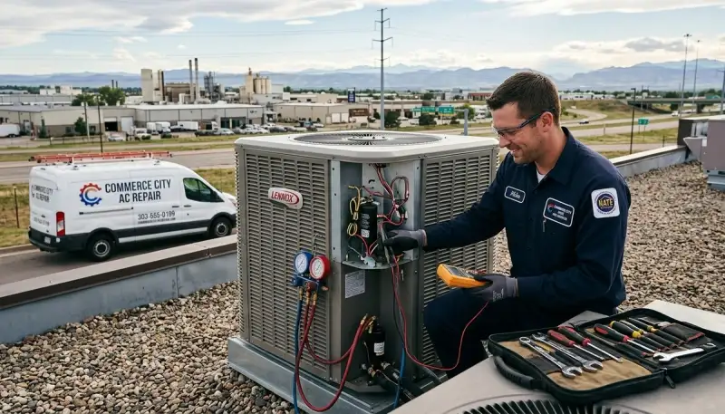 Professional AC repair technician servicing air conditioner unit in Denver, CO