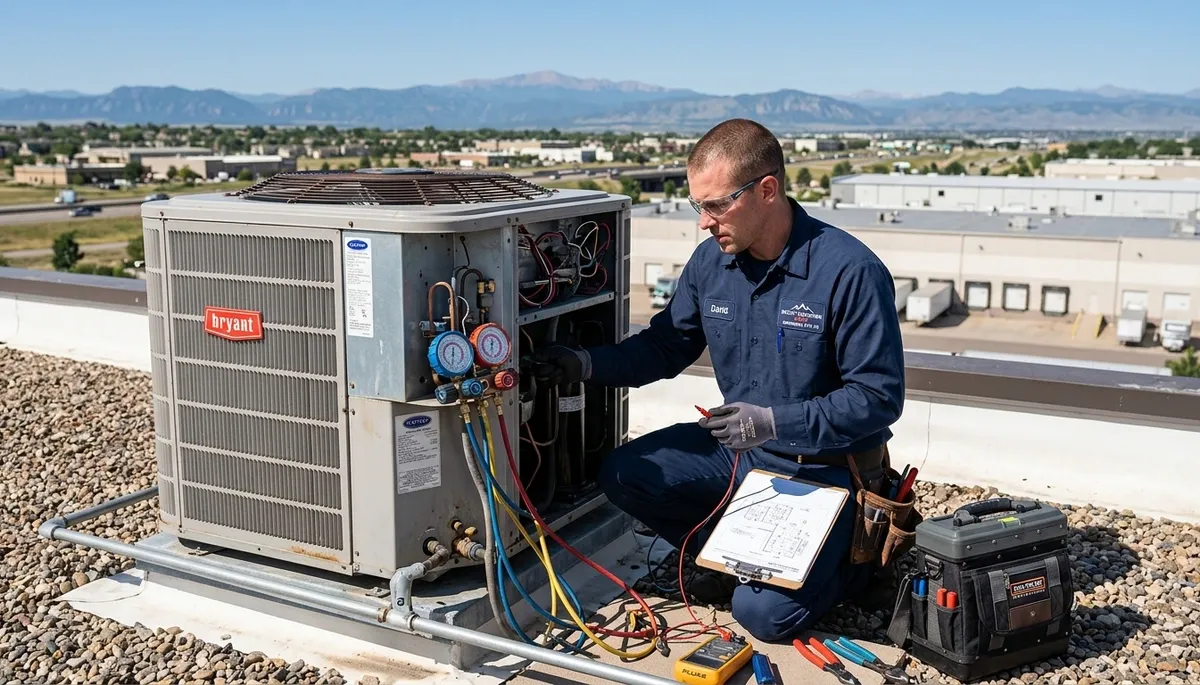 Professional AC repair technician servicing air conditioner unit in Denver, CO