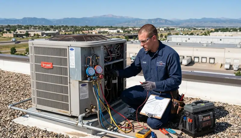 Professional AC repair technician servicing air conditioner unit in Denver, CO