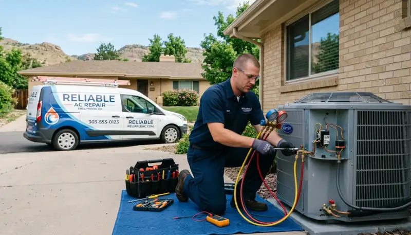 Professional AC repair technician servicing air conditioner unit in Denver, CO