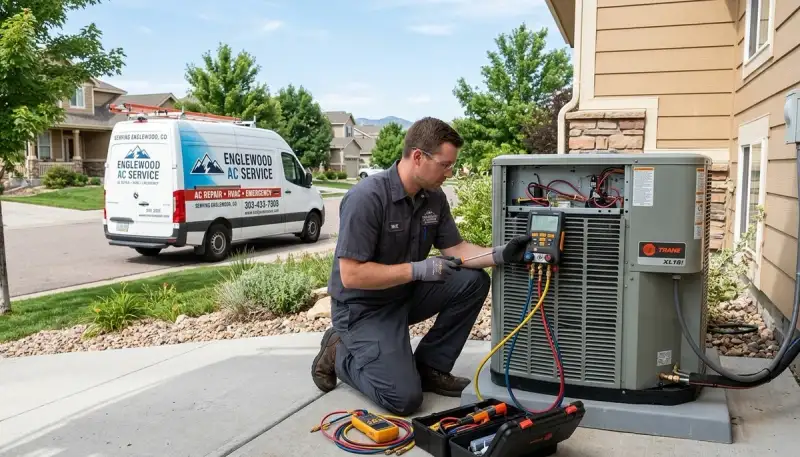 Professional AC repair technician servicing air conditioner unit in Denver, CO