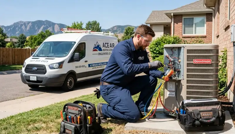 Professional AC repair technician servicing air conditioner unit in Denver, CO