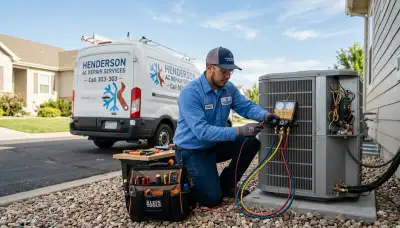 Professional AC repair technician servicing air conditioner unit in Denver CO home