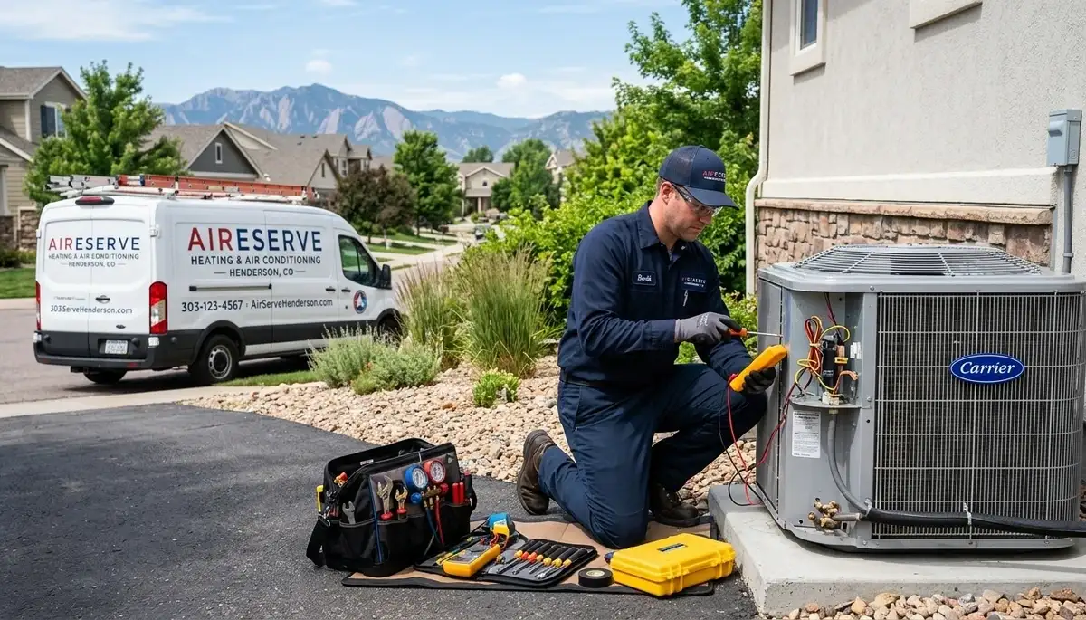 HVAC technician performing AC repair service at a home in Denver, CO