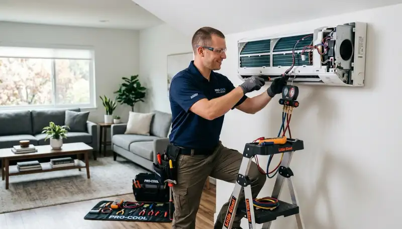 Technician performing AC repair service in Denver CO for Five Star Cooling residential customers