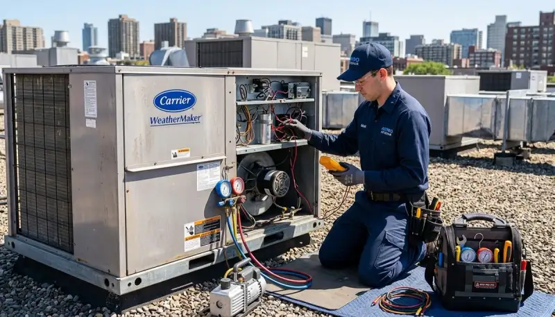 Technician performing professional AC repair service in Denver, CO home for Five Star Cooling