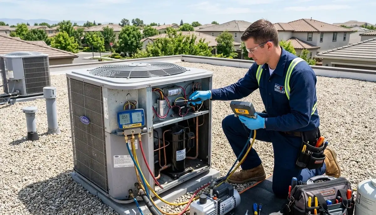 Technician performing professional AC repair service in Denver, CO for Five Star Cooling