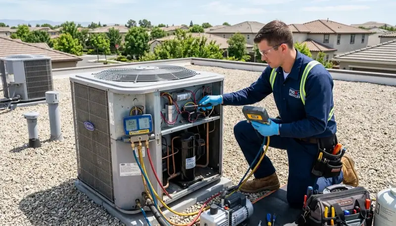 Technician performing professional AC repair service in Denver, CO for Five Star Cooling