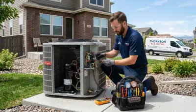 Professional AC repair technician servicing air conditioner unit in Denver CO home