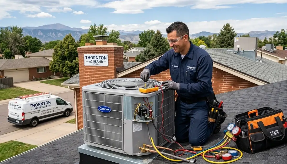Professional AC repair technician servicing air conditioner unit in Denver CO home