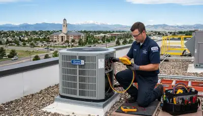 Professional AC repair technician servicing air conditioner unit in Denver, CO