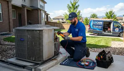 Professional AC repair technician servicing air conditioner unit in Denver, CO