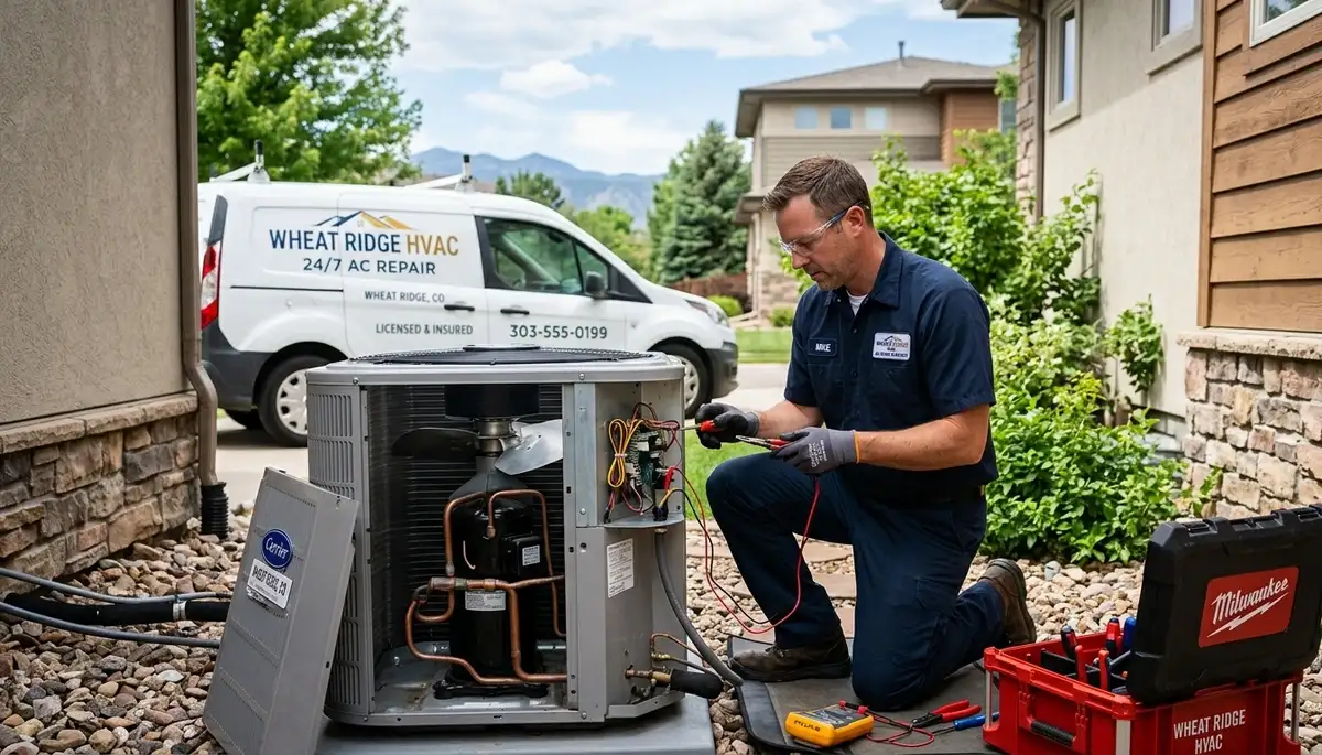 Professional AC repair technician servicing air conditioner unit in Denver CO home