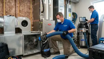 Technician performing air duct cleaning for residential HVAC system in Denver, CO