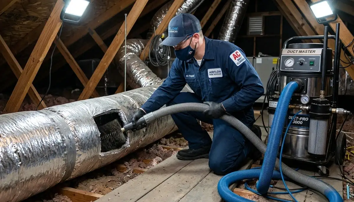 Technician cleaning residential air ducts in Denver, CO for improved HVAC efficiency and air quality