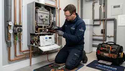 Technician performing boiler repair service in Denver, CO for Five Star Cooling heating system maintenance