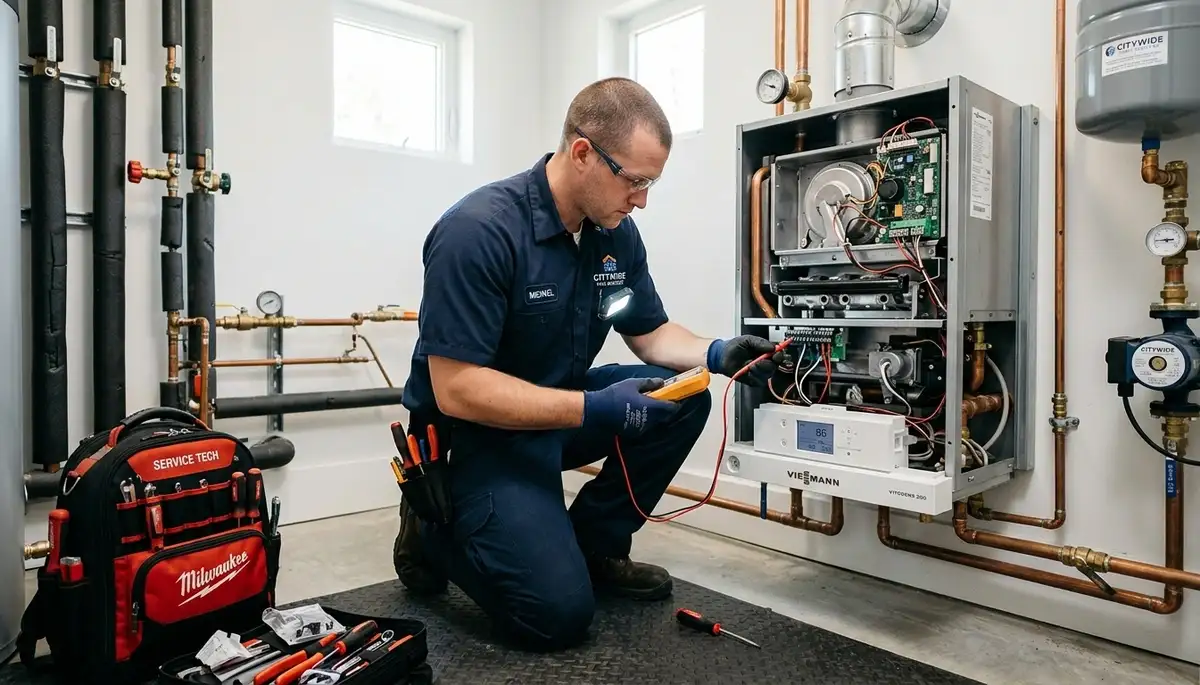 Technician performing boiler repair service in Denver, CO for residential heating system maintenance
