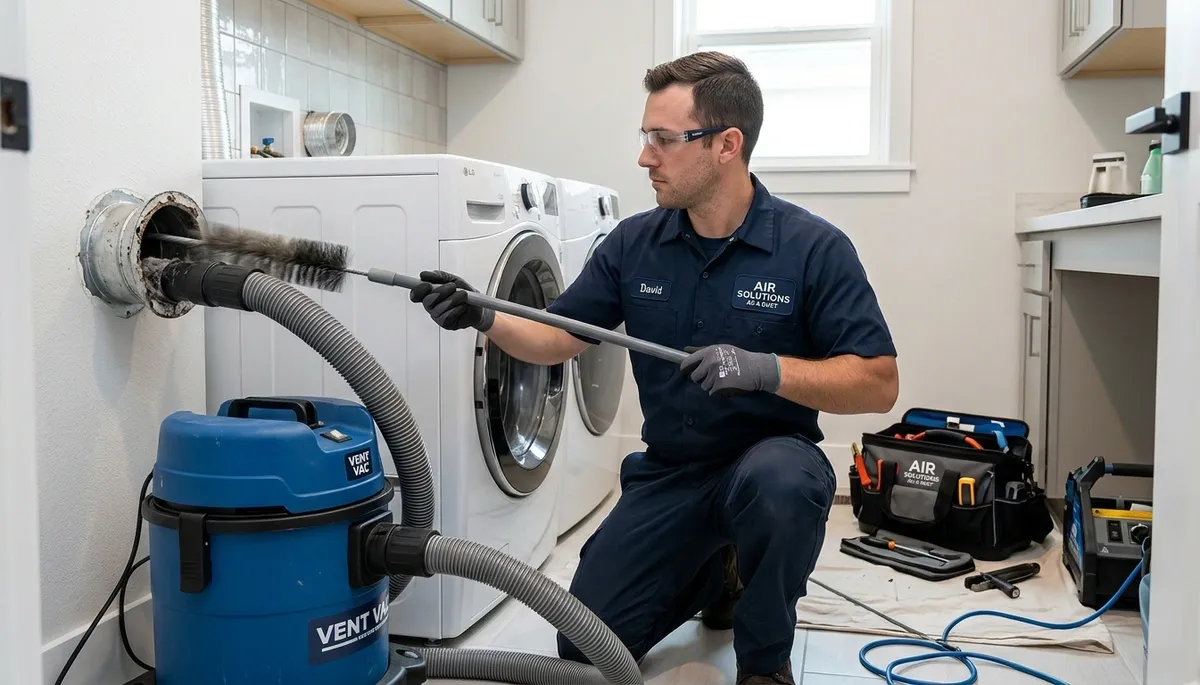 Technician cleaning dryer vent for improved airflow at Denver CO home | Five Star Cooling
