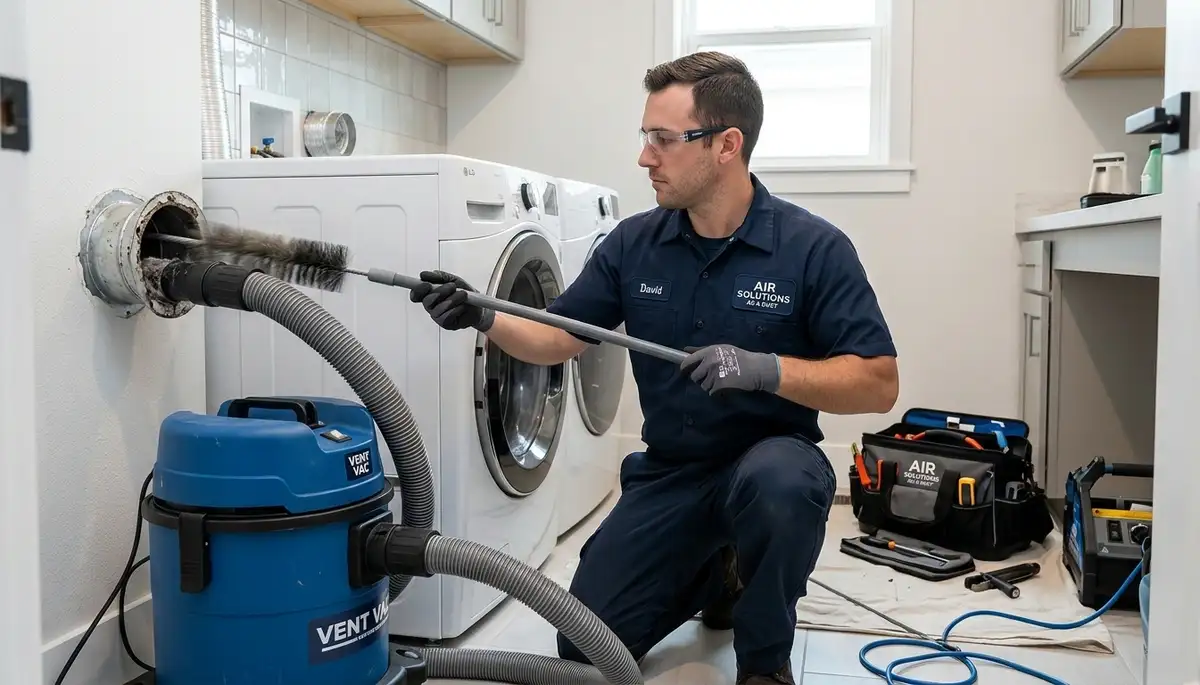Technician cleaning dryer vent for improved airflow at Denver CO home | Five Star Cooling