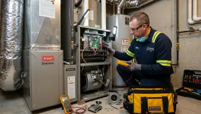 Technician performing furnace repair in Denver, CO for Five Star Cooling heating service