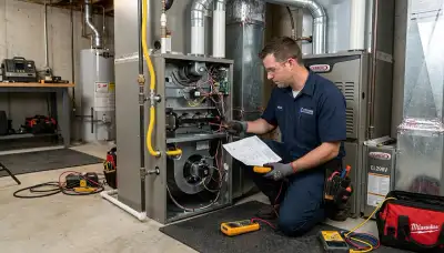 Technician performing furnace repair in Denver, CO for Five Star Cooling heating service