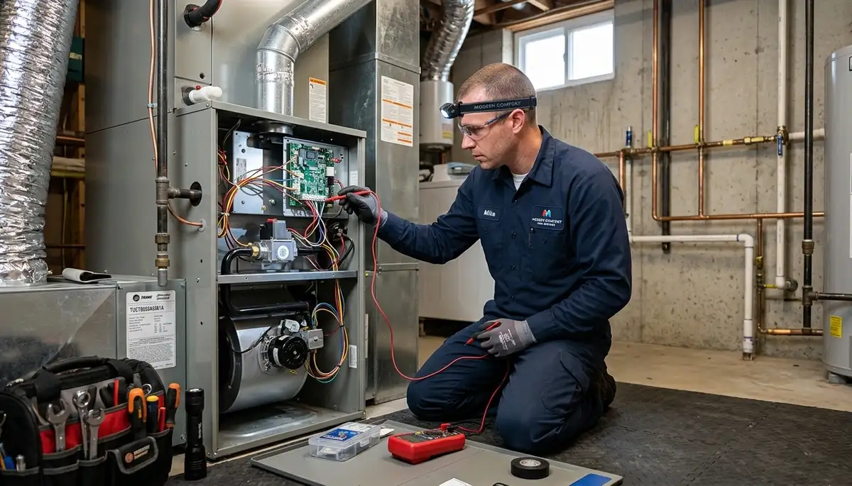 Technician repairing home furnace in Denver CO for Five Star Cooling heating service