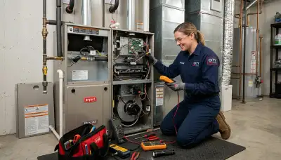 Technician performing heating repair on furnace in Denver, CO home | Five Star Cooling