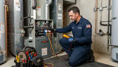 Technician performing heating repair on furnace in Denver, CO home