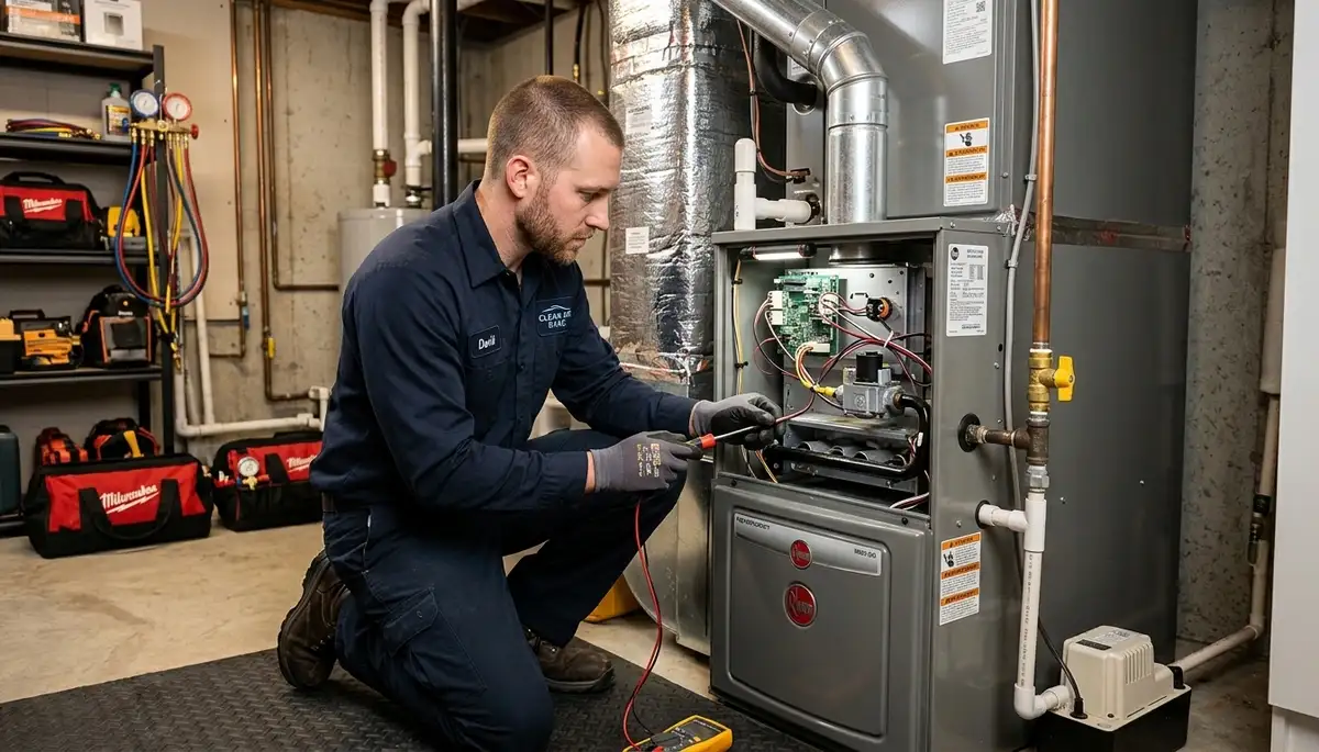 Technician performing heating repair on furnace system in Denver, CO home