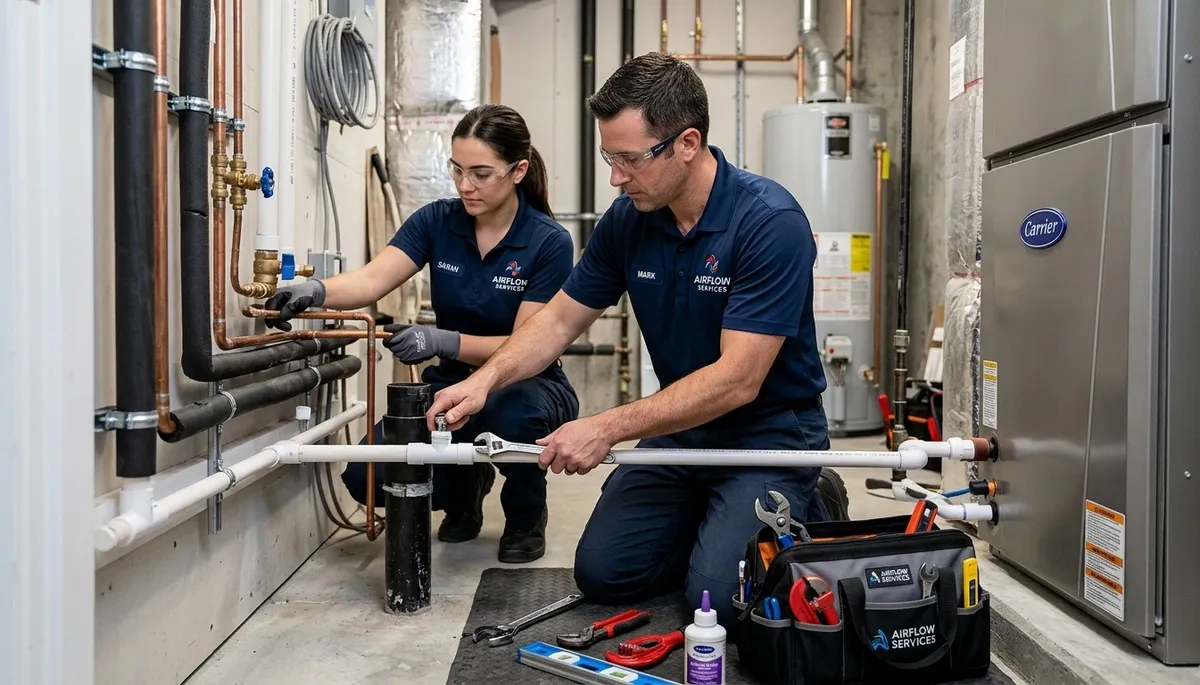 Professional plumber fixing water heater leak in Denver, CO home | Five Star Cooling plumbing services