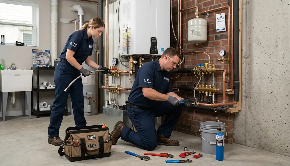 Professional plumber fixing water heater leak in Denver, CO home | Five Star Cooling plumbing services