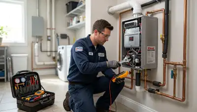 Technician repairing water heater system in Denver CO home | Five Star Cooling expert service