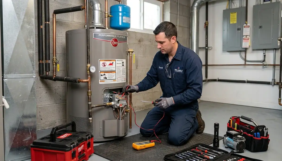 Technician performing water heater repair service in Denver, CO for Five Star Cooling